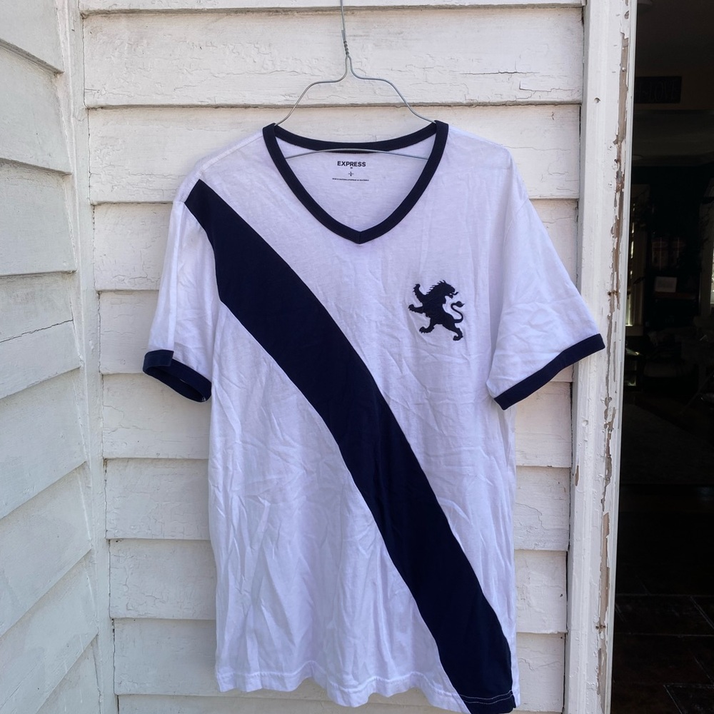 Express White and Navy Short Sleeve Tee with V-Neck
